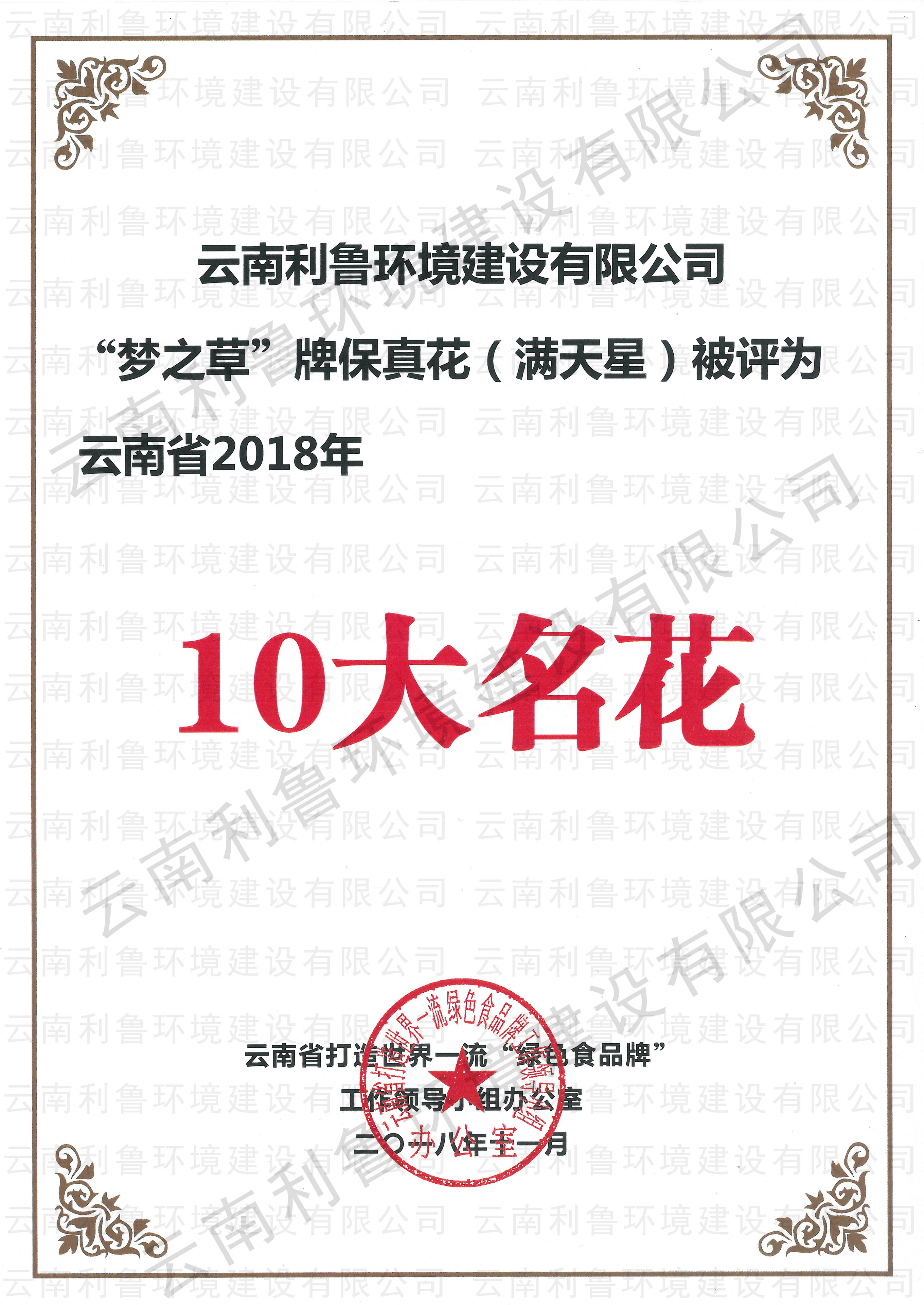 云南省2018年10大名花证书